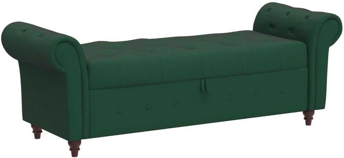 NIOIIKIT 63'' Storage Ottoman Bench Tufted Entryway Bench Dark Green Velvet | Button Tufted End of Bed, Large Storage Space, Rolled Armed Ottoman Couch Long Bench for Bedroom, Living Room, Hallway