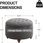 24'' Round Ottoman Coffee Table with Storage, Upholstered Tufted Ottoman with Flip Tray, Solid Wood Legs for Living Room, Bedroom, Dark Grey