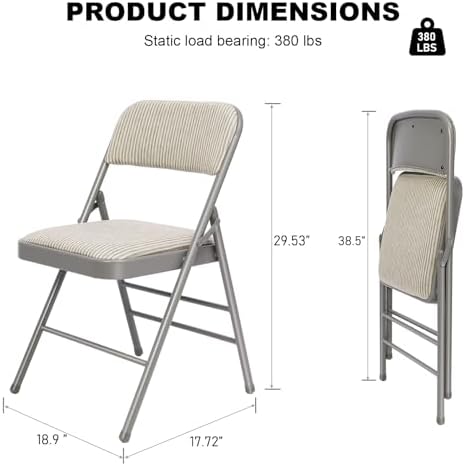 6 Pack Padded Folding Chairs with Fabric Cushion and Back, Oatmeal Stripe | Heavy Duty Foldable Dining Chair Set with Steel Frame Stackable Seat for Party Home Office Event Wedding Indoor Outdoor