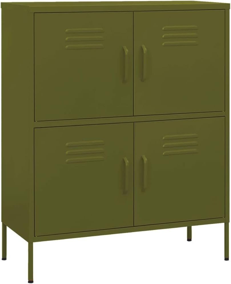 Olive Green Steel Storage Cabinet 13.8"x31.5"x40" Modern 4-Door Pantry Organizer & Bathroom Storage Cabinet Adjustable Shelves Robust Metal Frame for Living Room Kitchen Garage
