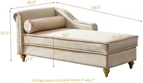60.6''Velvet Chaise Lounge Indoor, Modern Velvet Lounge Chair with Left Armrest & Lumbar Pillow,Button Tufted Lounge Sofa with Storage for Bedroom, Living Room and Office，Beige