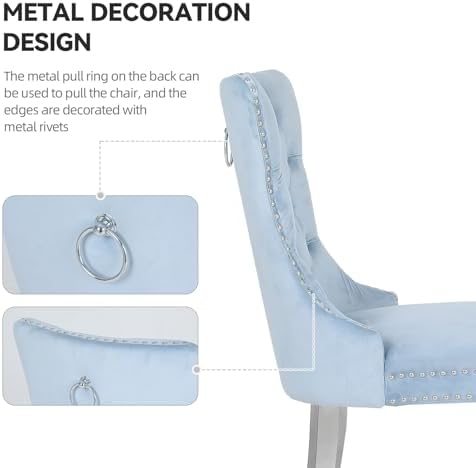 Velvet Dining Chairs Set of 4,Upholstered Dining Room Chairs with Stainless Steel Legs,Modern Luxury Kitchen Accent Chair with Button Tufted High Back,Pull Ring,Nailhead Trim,Light Blue