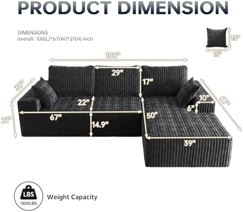 108" Modular Sectional Cloud Couch for Living Room Deep Seat L Shapes Couch with Oversized Chaise Lounge, Comfy Memory Foam Flannel Fabric Sofa for Bedroom Apartment, No Assembly Required