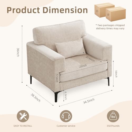 Oversized Accent Chair Armchair with Metal Legs | Comfy Chenille Arm Chairs and a Half,Modern Century Single Sofa Extra Large Reading Club Chair for Living Room,Bedroom,Brown