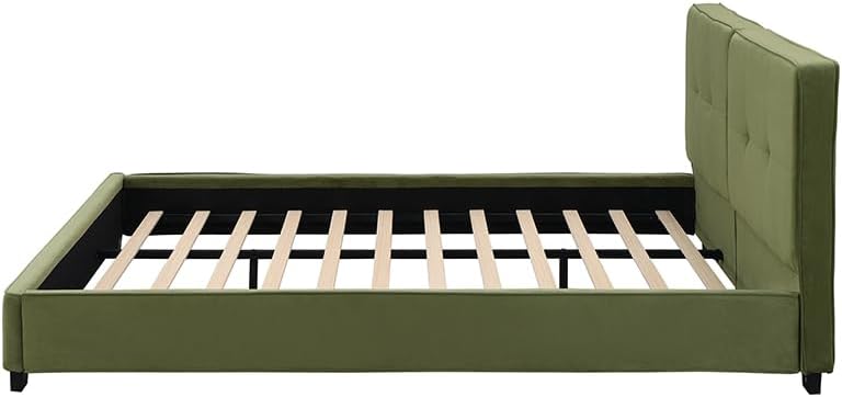 Christopher Knight Home Cordo King Size Bed, Velvet Upholstered Platform Bed, Wooden Slats Panel Support, Tufted Square Corners Haedboard, No Box Spring Needed, Easy Assembly, Oliver Green