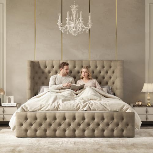 Jocisland Queen Bed Frame Upholstered Wingback Headboard & Footboard,Khaki