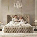 Jocisland Queen Bed Frame Upholstered Wingback Headboard & Footboard,Khaki