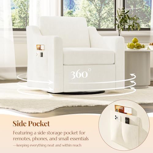 360°Swivel Accent Chair with Lumbar Support, Swivel Armchair with Deep Seat | Soft Chenille Upholstered, Metal Swivel Base, Set of 2 Beige Chairs for Reading & Relaxing, Living Room