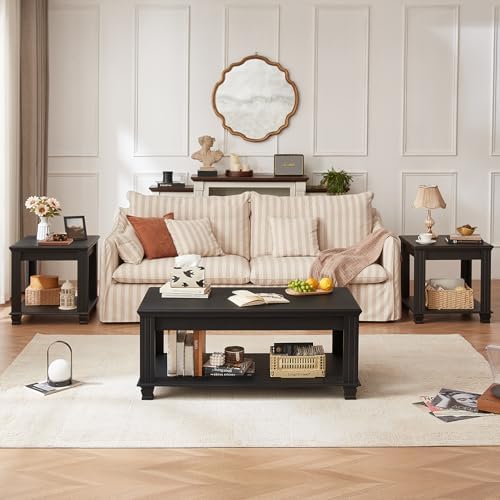 SAVOR LIFE Farmhouse Coffee Table Set of 3, Black | Rustic Wood 3 Piece Coffee and End Table Sets with Open Shelf for Living Room