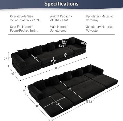 DAMAIFROM Convertible Sleeper Sofa Bed Floor Couch, Black | 158" Corduroy Modular Compressed Futon Sofa Bed, Pull-Out Cloud Sectional Couch with Memory Foam Mattress for Living Room