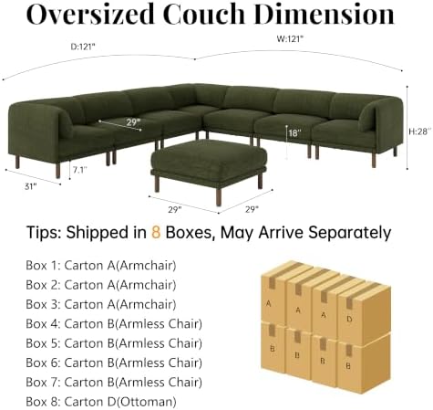 Cloud Sectional Couches for Living Room,Modular Sectional Sofa,Green | Extra Deep 8 Seater,Mid Century Modern Oversized Couches With Ottoman,Solid Wood Leg,Large Sofa for Big Space,Office