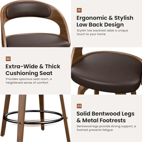 REONEY Swivel Bar Stools Set of 3, 26" Counter Height, Brown | Walnut Wood Legs, Upholstered Seat, Supportive Backrest, Mid-Century Modern, PU Leather, for Kitchen Island, Bar, Coffee Shop