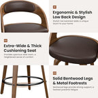 REONEY Swivel Bar Stools Set of 3, 26" Counter Height, Brown | Walnut Wood Legs, Upholstered Seat, Supportive Backrest, Mid-Century Modern, PU Leather, for Kitchen Island, Bar, Coffee Shop