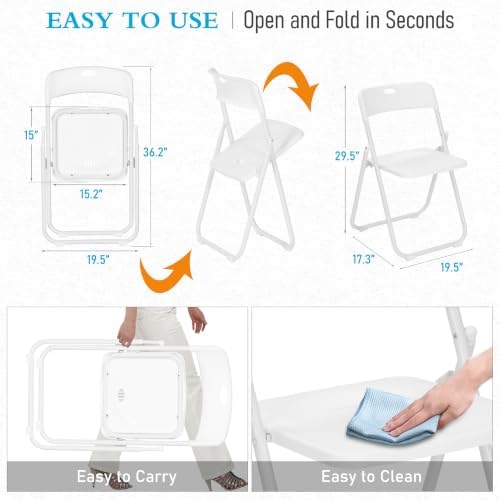 10 Pack White Plastic Folding Chairs, Lightweight Foldable Chair | 300lb Capacity Metal Frame Portable Stackable Commercial Seat for Party Events Wedding Office Picnic Indoor Outdoor