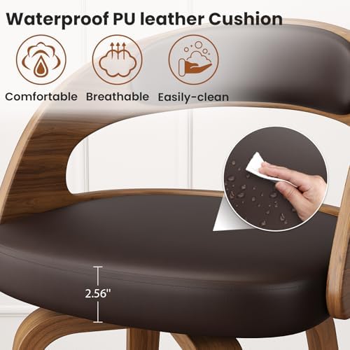 REONEY Swivel Bar Stools Set of 3, 26" Counter Height, Brown | Walnut Wood Legs, Upholstered Seat, Supportive Backrest, Mid-Century Modern, PU Leather, for Kitchen Island, Bar, Coffee Shop