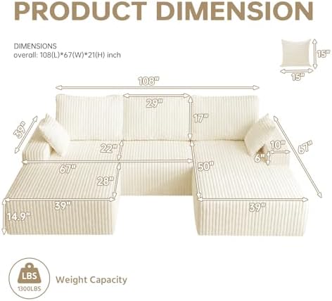 108" U-Shape Modular Sectional Cloud Cream Couch with Ottoman, Deep Seat Couch with Oversized Chaise Lounge, Comfy Flannel Fabric Sofa for Living Room Bedroom Apartment