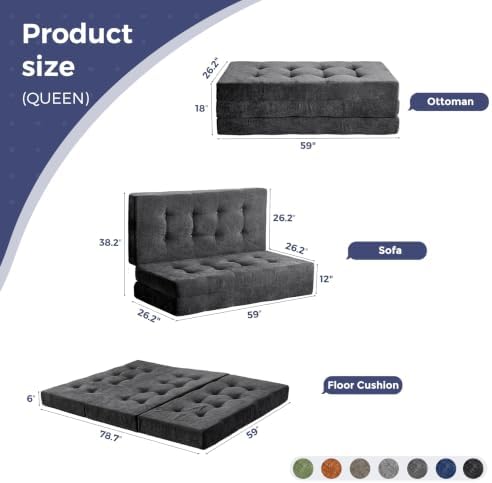 MAXYOYO 6" Folding Sofa Bed for Floor, Tufted Tri-Fold Floor Mattress | Queen Size Portable Sofa Couch Guest Mat with Chenille Fabric for Adults, Foldable Topper for Camping, Dark Grey, Queen