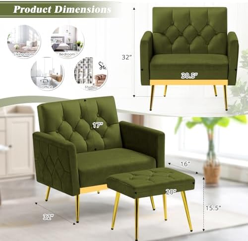 Velvet Sofa Set w/Adjustable Armrests & Backrests, Olive Green | Tufted Accent Chair w/Ottoman & Convertible Futon Sofa Bed, 2 Pieces Comfortable Couch Set for Living Room, Apartment
