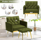 Velvet Sofa Set w/Adjustable Armrests & Backrests, Olive Green | Tufted Accent Chair w/Ottoman & Convertible Futon Sofa Bed, 2 Pieces Comfortable Couch Set for Living Room, Apartment