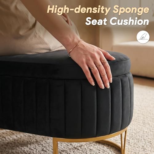 Storage Bench Bedroom Bench, Velvet Oval Upholstered End of Bed Bench with Golden Metal Legs, 46” Modern Storage Ottoman Bench for Bedroom, Living Room, Entryway, Window, Black
