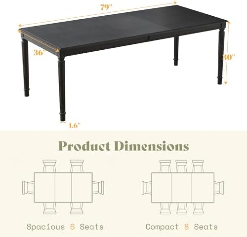AMERLIFE 79 Inch Farmhouse Dining Table for 6 to 8, Large Rectangular Solid Wood Kitchen Dining Table with Roman Conical Legs, Rustic Dining Room Table for Family Gatherings, Grey