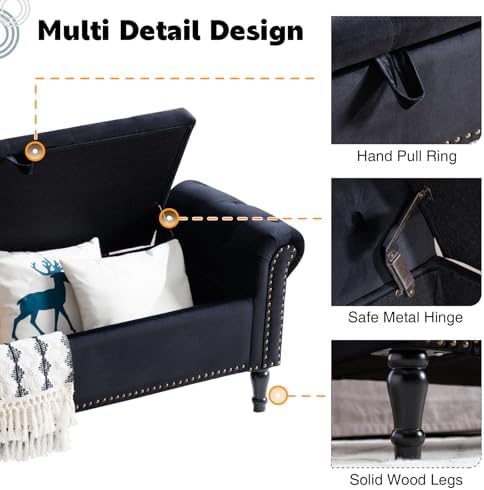 67'' End of Bed Storage Bench King Size, Storage Bench for Bedroom End of Bed, Upholstered Velvet Tufted Storage Ottoman Benches with Arms for Living Room, Entryway, Black