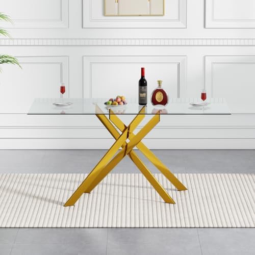 5 Piece Dining Table Set Rectanglar Glass Dining Set for 4 Modern Small Kitchen Table Set with 4 Upholstered Chairs for Apartment Dining Kitchen Room (Gold Table & Black Chair)