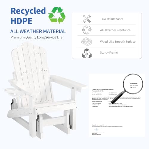 HDPE Adirondack Glider Chair,3-Position Adjustable Backrest Patio Glider | All-Weather Outdoor Glider Rocker Chair with Cup Holders,Porch Glider for Deck,Fire Pit, Poolside,400LBS Capacity White