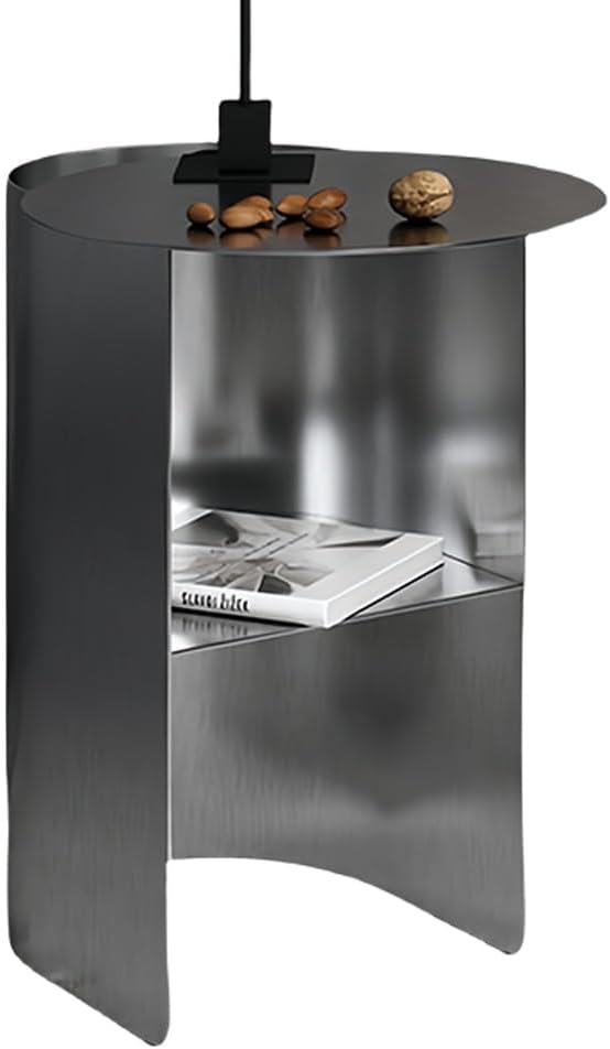 Stainless Steel Round Side Table Metal Coffee Table with Open Storage, Ideal for Bedroom, Living Room, Office, Guest Room, and Study, Silver, 18.1 x 11.0 x 20.1 inches