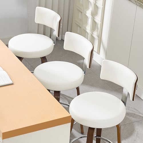 Bekrvio Swivel Counter Height Bar Stools Set of 3, Faux Leather Kitchen Stools Upholstered Barstools with Back, Walnut Wood Legs, Mid Century Island Chairs Counter Stools, 26" Seat Height, White
