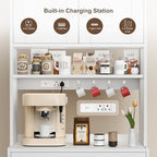 71" Tall Kitchen Pantry Cabinet with Microwave Countertop, LED Lights White | 29.5" W Wood Kitchen Hutch with Drawer, 4 Doors, Charging Station and Adjustable Shelf for Dining Room and Living Room
