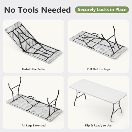 Folding Table 2 Pack, 6 FT Foldable Plastic Table with Carrying Handle, Heavy Duty Portable Fold-in-Half Utility Table for Party, Camping, Banquet, Craft, Wedding, Indoor & Outdoor Use