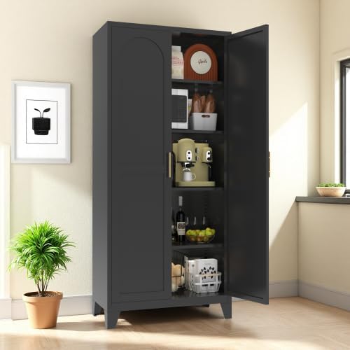 5-Tier Metal Pantry Cabinet, 71" Tall Storage Cabinet with Arched Doors & Adjustable Shelves, Steel Freestanding Utility Cupboard, Black