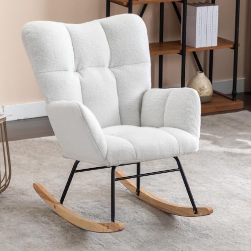 Rocking Chair, Upholstered Teddy Fabric Glider Chairs, Lounge Accent Armchair with Thick Cushion and High Backrest, Accent Rocking Chair for Bedroom, Living Room, Ivory