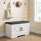 HOMSHO Farmhouse Shoe Storage Bench with 2 Barn Doors & Padded Seat Cushion | 27.6" Wide Entryway Bench with Adjustable Shelves & Hidden Storage, White