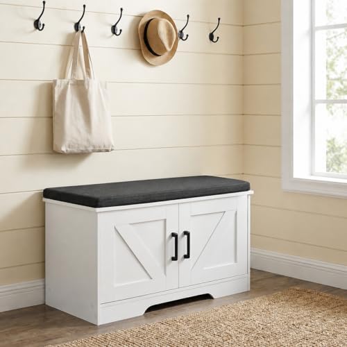 HOMSHO Farmhouse Shoe Storage Bench with 2 Barn Doors & Padded Seat Cushion | 27.6" Wide Entryway Bench with Adjustable Shelves & Hidden Storage, White
