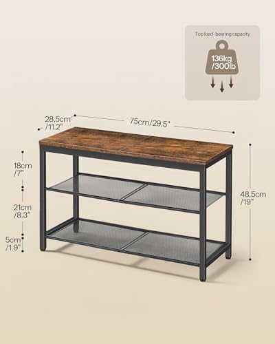 HOOBRO Shoe Bench, 3-Tier Shoe Rack, Industrial Shoe Organizer Storage Bench, 29.5 inches Entry Bench with Mesh Shelves, for Entryway, Living Room, Hallway, Easy Assembly, Rustic Brown BF75HX01