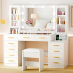 53.15" Large Glass Top Vanity Desk with Mirror and Lights, White