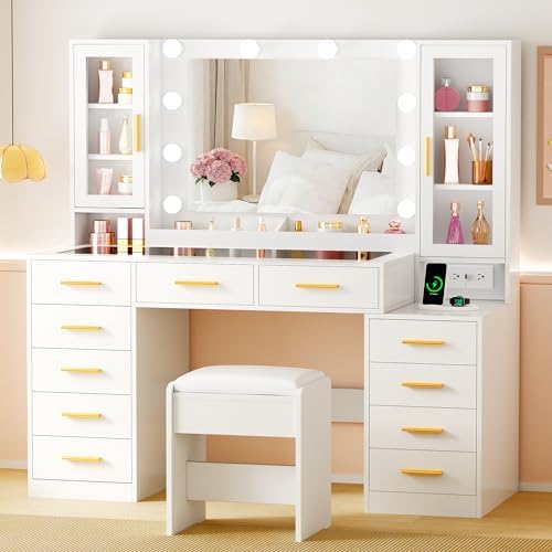 53.15" Large Glass Top Vanity Desk with Mirror and Lights, White