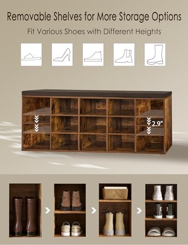 DINZI LVJ Shoe Storage Bench with Cushion, 15-Cubby Shoe Rack with Seat | 50.8"L Entryway Shoe Organizer Bench, Adjustable Shelves for Boots, Removable Washable Cushion, Closet/Hallway, Rustic Brown