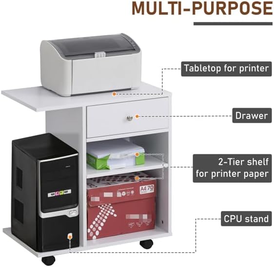 23.5" W x 15.75" D x 27" H White End Table, Side Table, Mobile Printer Table with Storage Shelf, Rolling Printer Cart with Wheels for Home Office, Stand for Heat Press Mini Fridge (White)