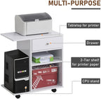 23.5" W x 15.75" D x 27" H White End Table, Side Table, Mobile Printer Table with Storage Shelf, Rolling Printer Cart with Wheels for Home Office, Stand for Heat Press Mini Fridge (White)