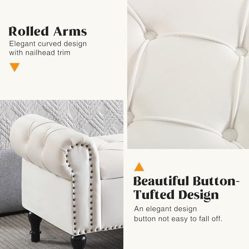 Velvet Storage Bench 67 Inch Upholstered Tufted Ottoman Bench with Arms Large Storage Space King Size End of Bed Benches for Bedroom Living Room Entryway Beige