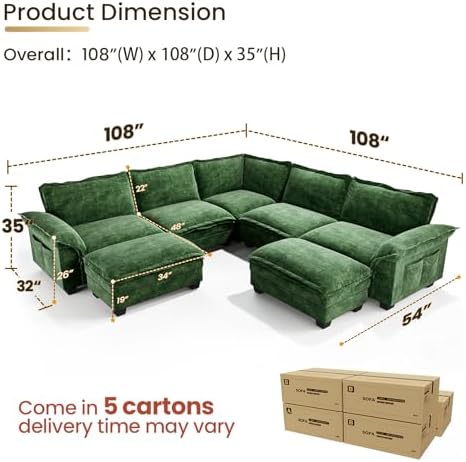 KKL Large V-Shaped Modular Sectional Sofa, 7 Seater Cloud Couch with Ottoman, Chenille Sectional Couches for Living Room, Apartment, Green | Chenille Oversized Sectional Couches for Living Room, Apartment, Green