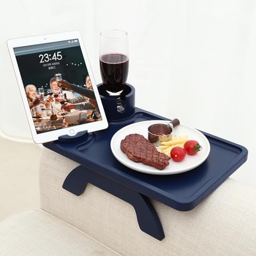 Nnewvante Couch Armrest Tray 3 in 1 Bamboo Clip-on Couch Table, Navy Blue, | Large 15.36"x9.85" Sofa Arm Table,Easy-Access 360°Rotating Cup and Phone Holder and Non-Slip Base