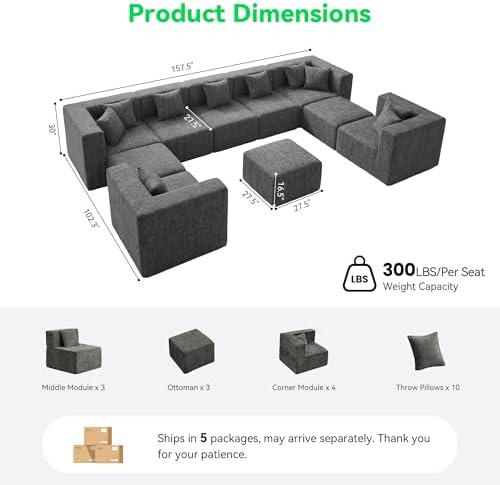 MONVANE Oversized Sectional Couch 10-Seat, Chenille, Gray | Sectional Couch for Living Room, Modular Cloud Sofa with Ottoman & 10 Throw Pillows, No Assembly Required