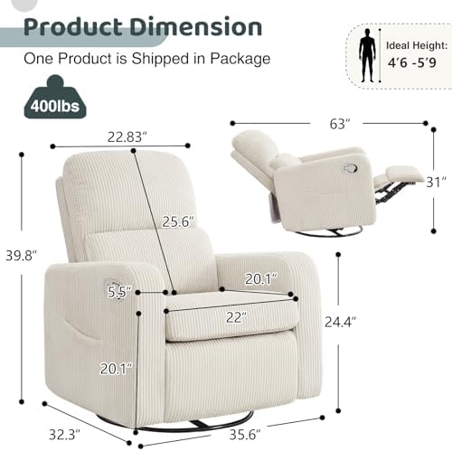 Swivel Rocker Recliner, Oversized Manual Nursery Glider Rocking Recliner Chair with Removable Cushion, Upholstered Corduroy Swivel Reclining Chair for Nursery Living Room Bedroom, Cream White