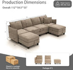 Ihanherry 112" Modular Sectional U-Shaped Sofa, Modern 6-Seat Cloud Couch with 2 Storage Ottomans, Soft Chenille Fabric Sectional Set for Living Room Bedroom Apartment, Brown