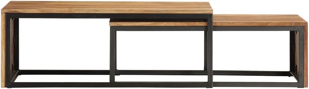 Nesting Tables 2 pcs Solid Acacia Wood | Powder Coated Steel Frame, Stackable Design, Vintage Style, Easy Assembly, for Living Room