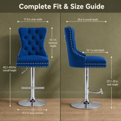 Blue Modern Swivel Bar Stools Set of 2, Velvet Counter Height Bar Stools for Kitchen Island, Adjustable Bar Chairs Barstools, Tufted Back, Silver Base, Sillas para Barra de Cocina (Blue, 2 Pcs)